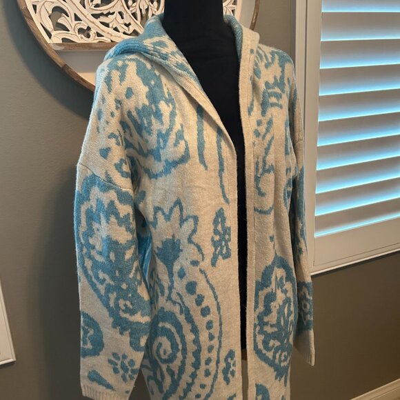 Stitchdrop Cardigan Hoodie Long Open Front Sweater Cream/Blue Pattern SZM - Picture 4 of 10